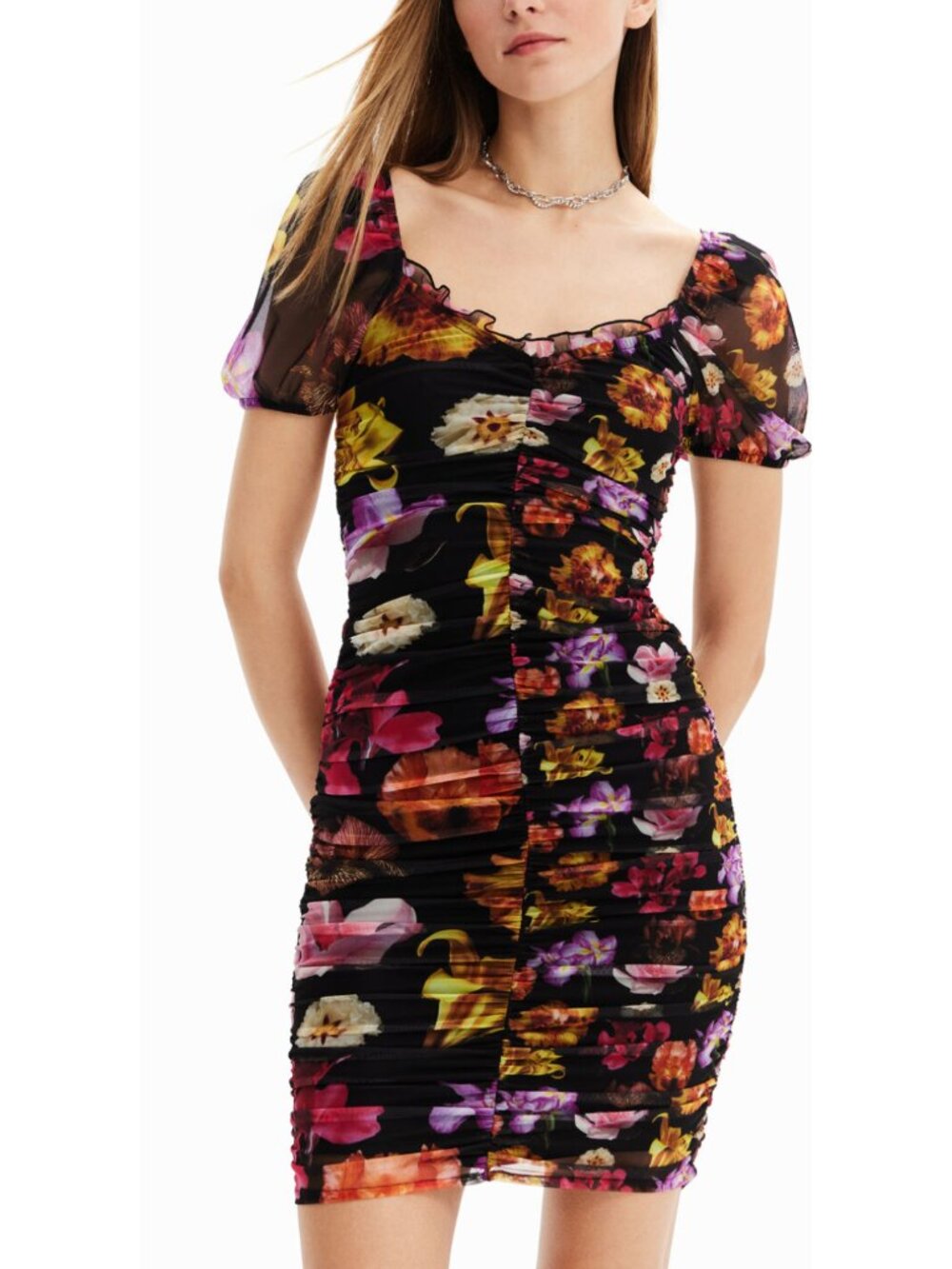 DESIGUAL Christian Lacroix Black Floral Ruched Mini Dress Mesh Dark Romantic XS